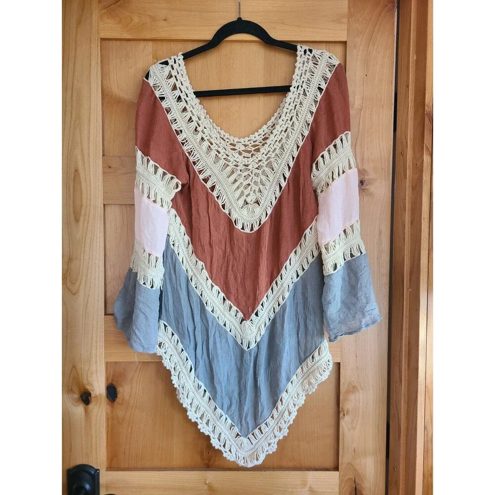 70s Boho Crochet Resort Bell Sleeve Festival Top Hippie Swim Cover Up SMALL S‎